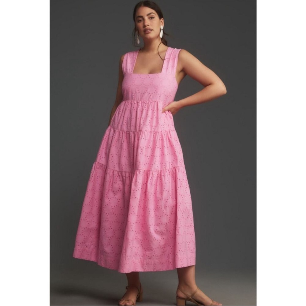Anthropologie Pink Eyelet Tiered Midi Dress